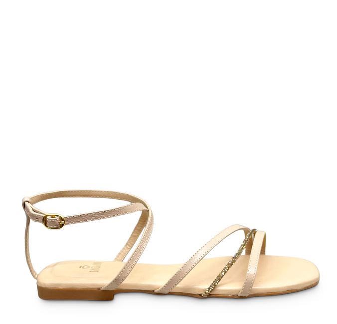 Sandália Rasteira Bege Tiras Strass Couro