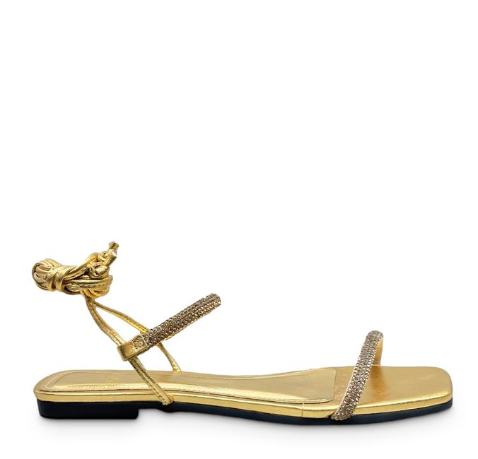 Sandália Rasteira Dourada Strass Couro