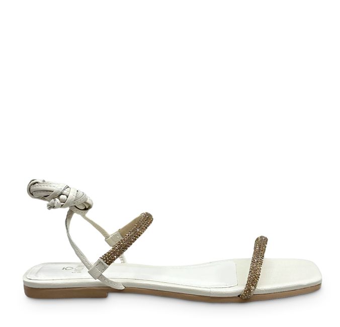 Sandália Rasteira Off White Strass Couro