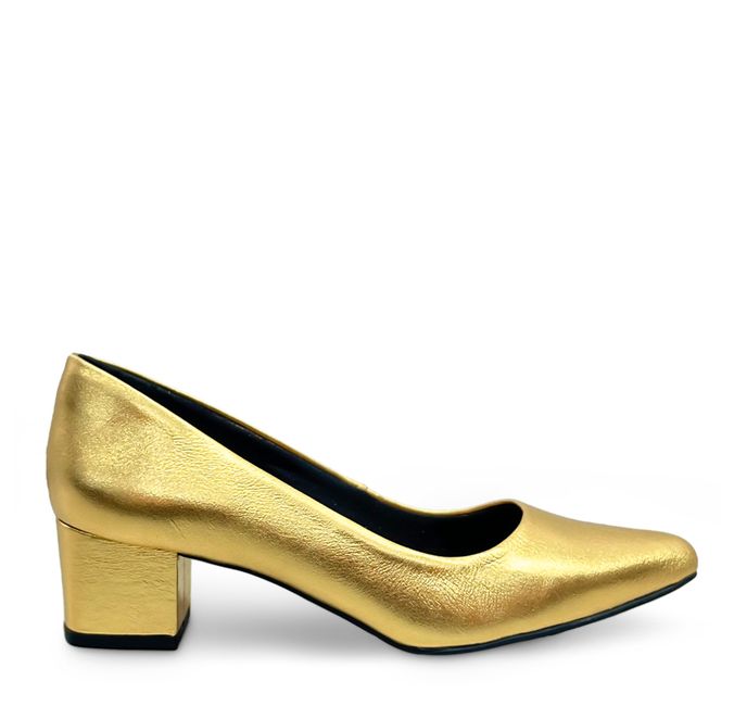 Scarpin Confort Salto Bloco Dourado Couro