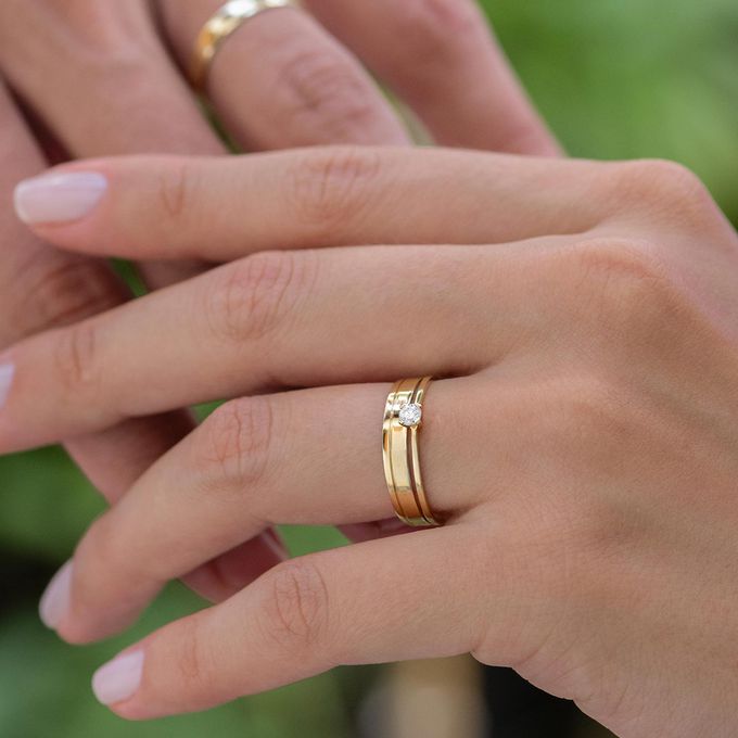 Alianças de Casamento em Ouro 3mm Português e Anel Solitário Ciel - Combo