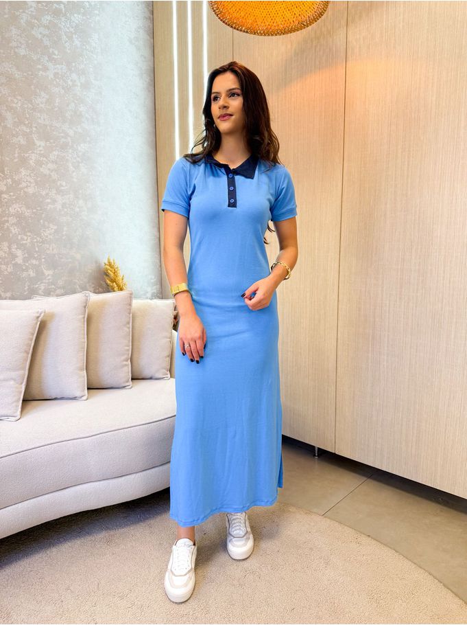 Vestido Gola Polo Azul Moletinho 