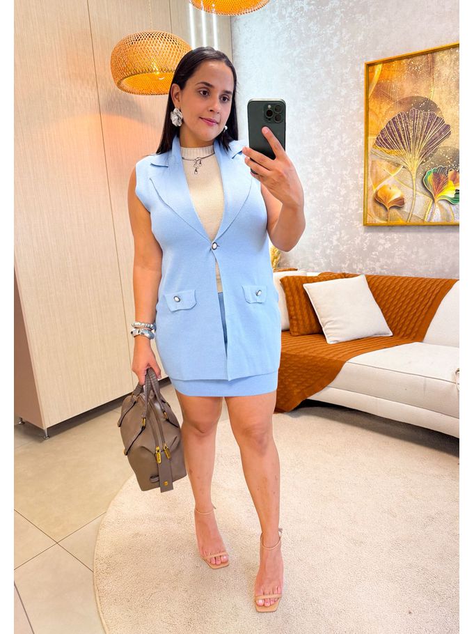 Conjunto Saia e Colete Fer Tricot Azul