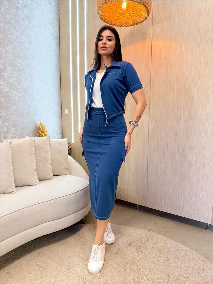 Conjunto Joyce Moletinho Azul Jeans Saia+Regata+Colete 