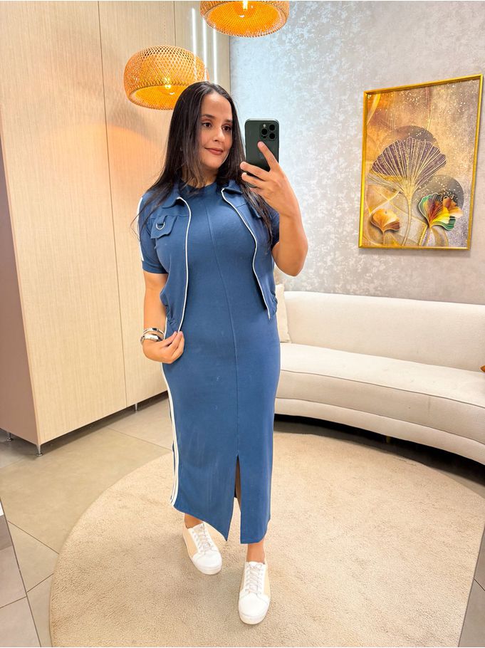 Conjunto Francine Moletinho Azul Jeans, Vestido + Colete 