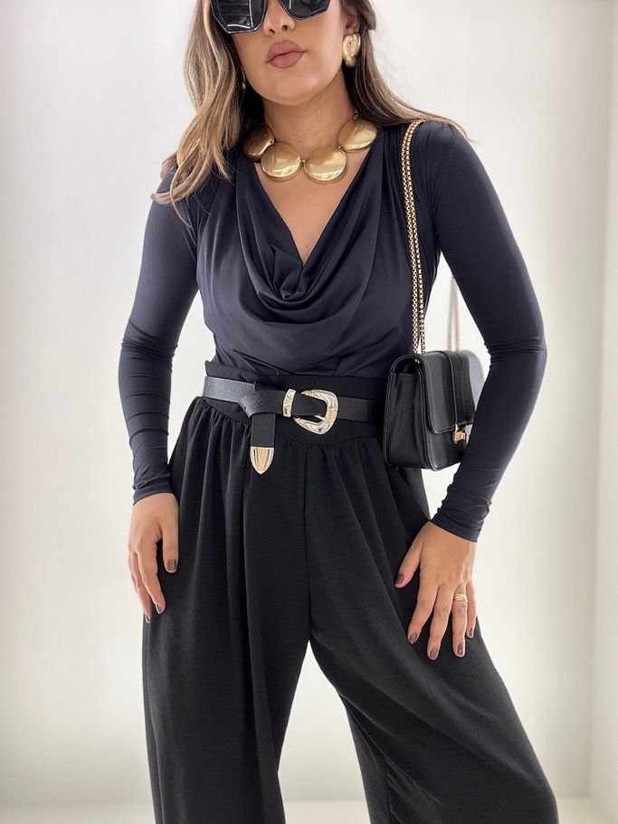 BODY GISELE CF GOLA DRAPEADA PRETO