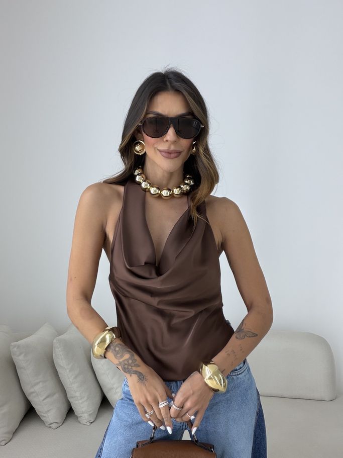 BLUSA FÁTIMA ACETINADA MARROM