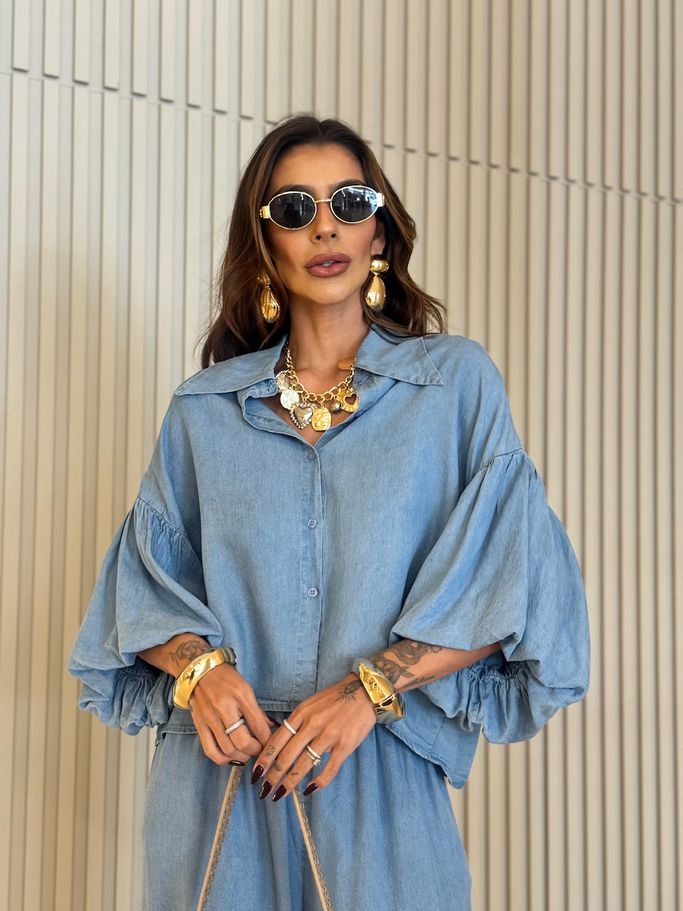 CAMISA SUELI MANGA BALONÊ JEANS CLARO