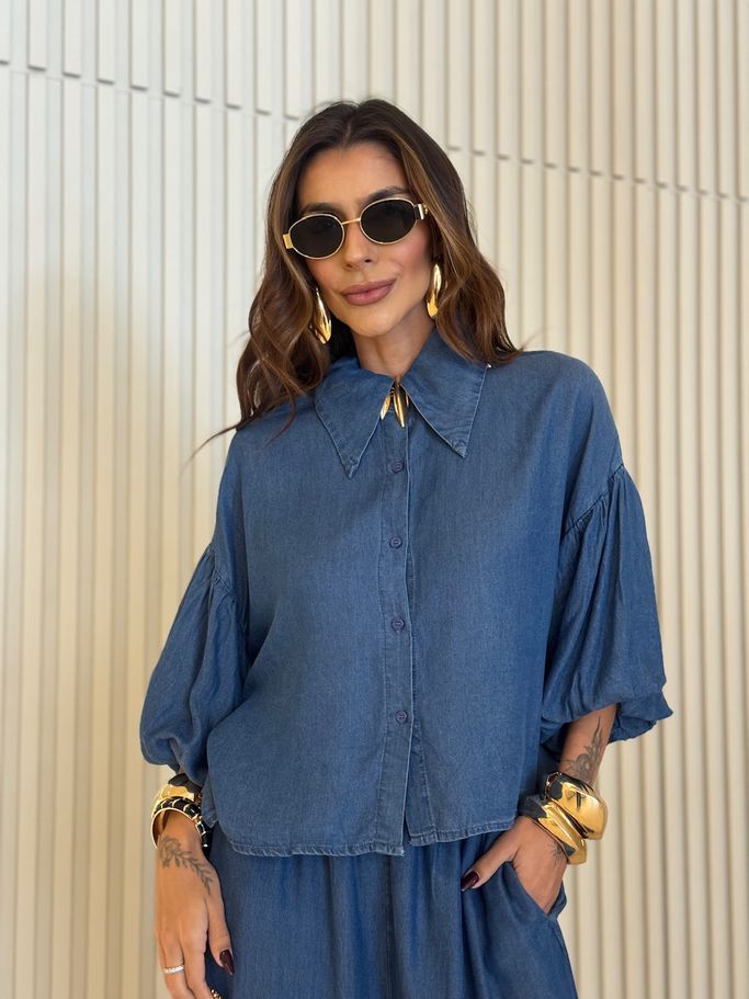 CAMISA SUELI MANGA BALONÊ JEANS ESCURO