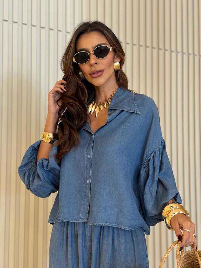 CAMISA SUELI MANGA BALONÊ JEANS MÉDIO