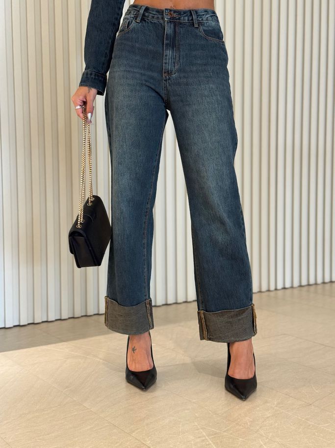 CALÇA EMANUELY BARRA DOBRADA JEANS ESCURO