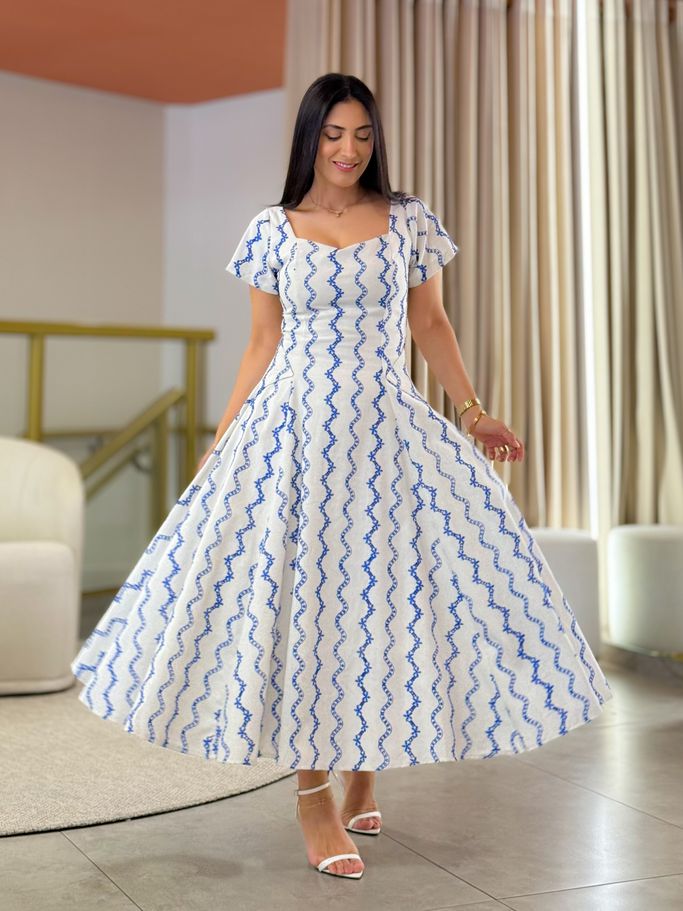 Vestido Camila Areia E Azul