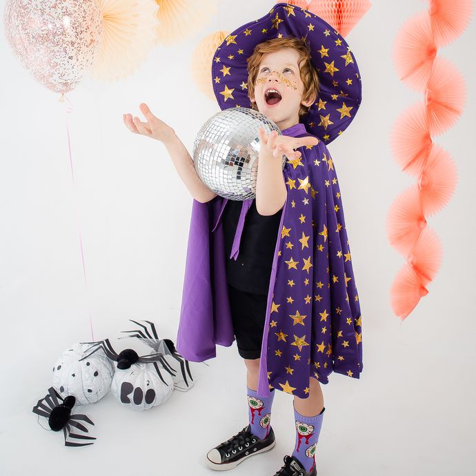 kit capa + chapéu mago estrelado Roxo