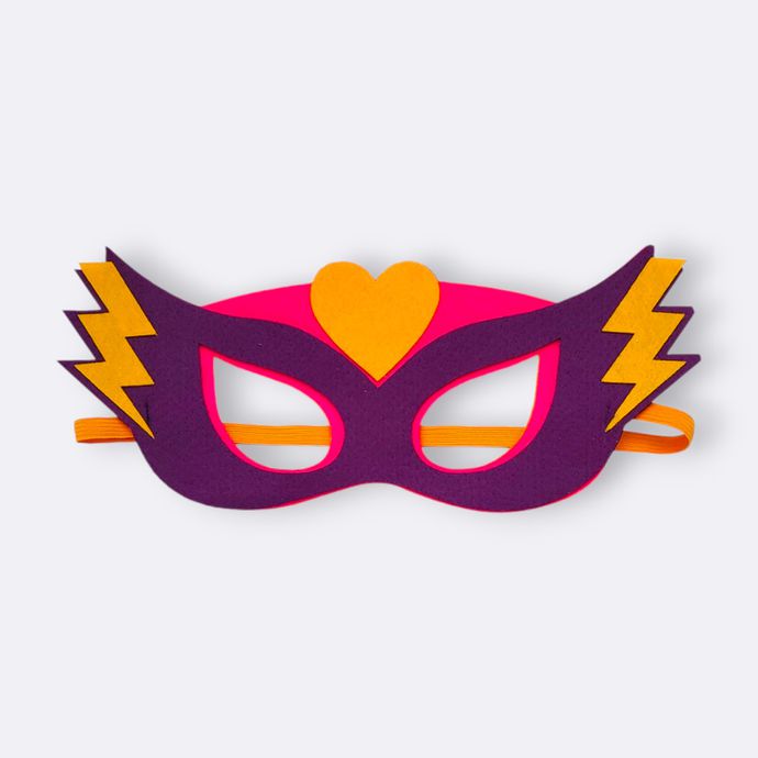 Máscara super herói coração roxo e rosa
