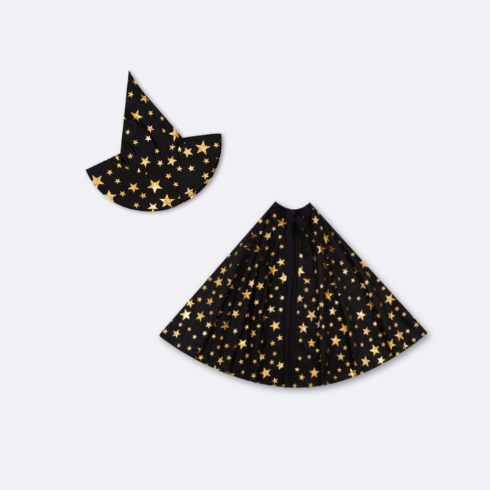 Kit capa + chapéu mago estrelado Preto