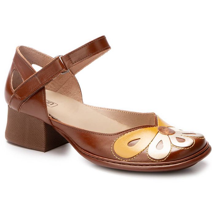 Sapato Boneca Salto Grosso Em Couro Marrom Dual Comfort J.Gean