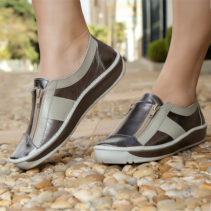 Tênis Wave Feminino em Couro Cinza Metalizado J.Gean 