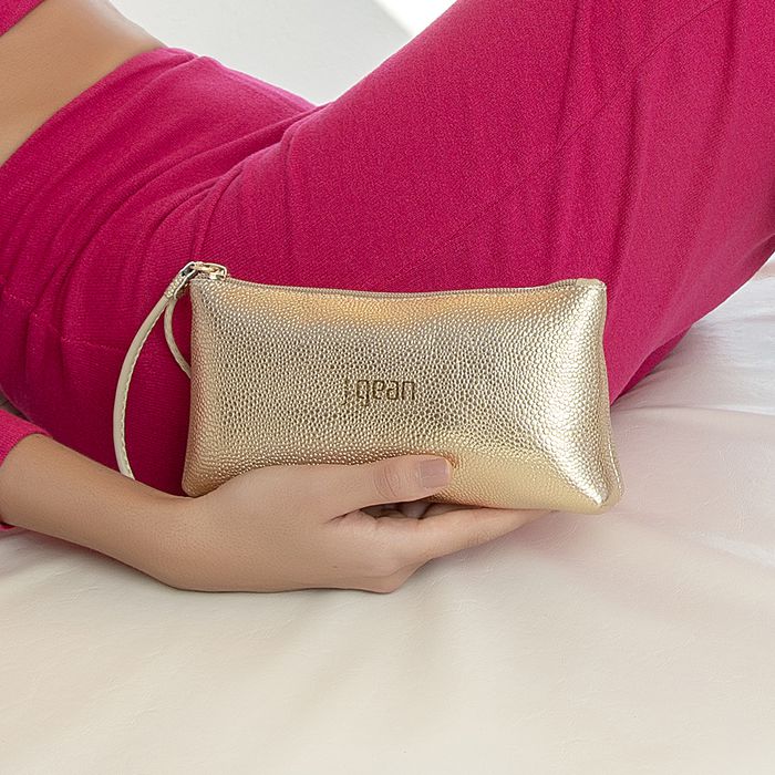 Bolsa de Mão necessaire Em Couro Ouro J.Gean