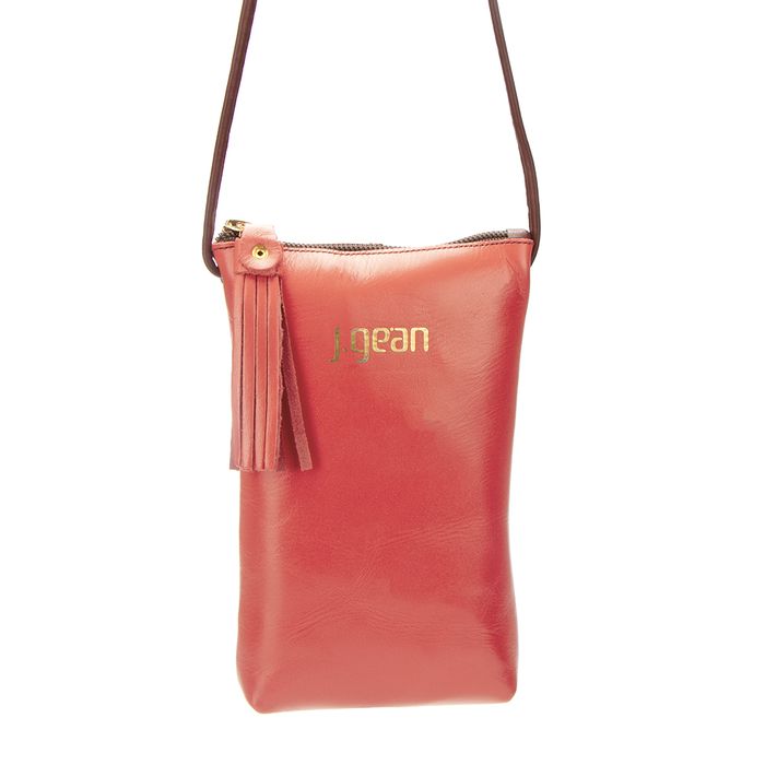 Bolsa artesanal feminina Tiracolo de Couro cor Coral J.Gean 