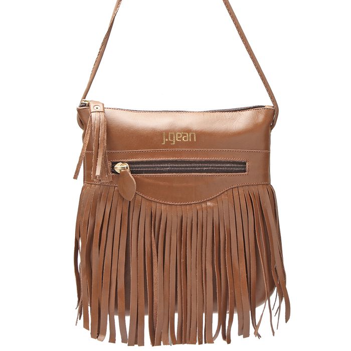 Bolsa Artesanal com Franjas Em Couro Cor Conhaque J.Gean 
