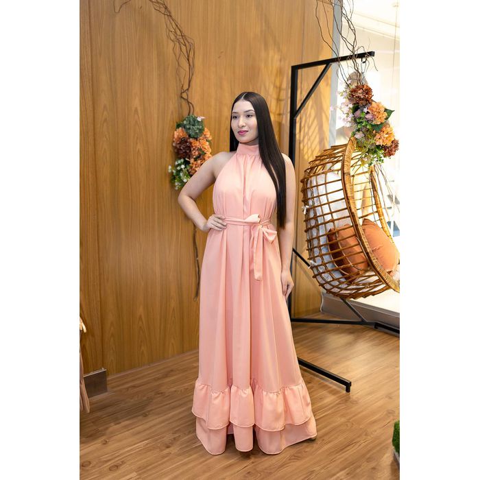 Vestido Longo Kendall em Tecido Corona Salmão | Mo... - LUCIOLA MAGNO