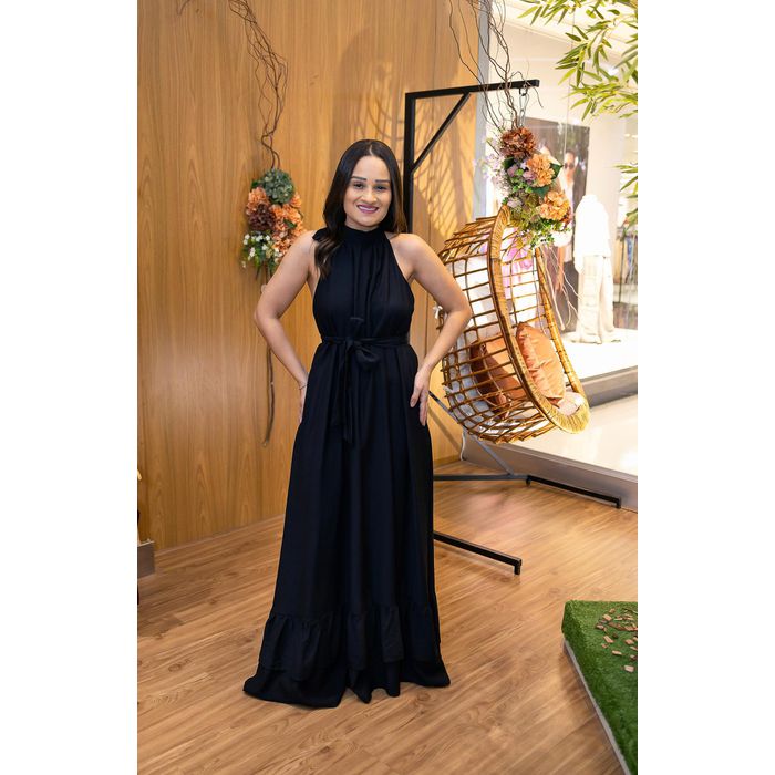 Vestido Longo Kendall em Tecido Corona Preto | Mod... - LUCIOLA MAGNO