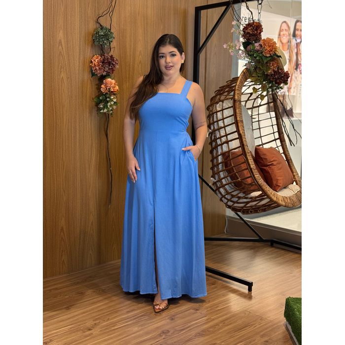 Vestido Longo Letícia em Tecido Linho Azul | Model... - LUCIOLA MAGNO