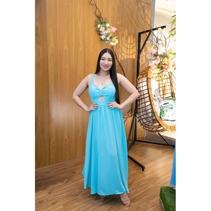 Vestido Maria Midi Crepe Duna Azul Água | Decote P... - LUCIOLA MAGNO