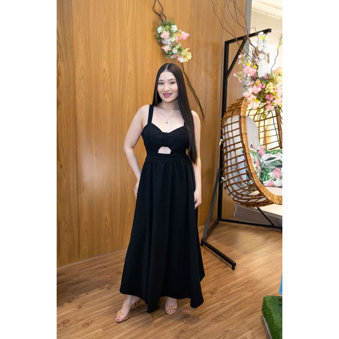Vestido Maria Midi Crepe Duna Preto | Decote Princ... - LUCIOLA MAGNO