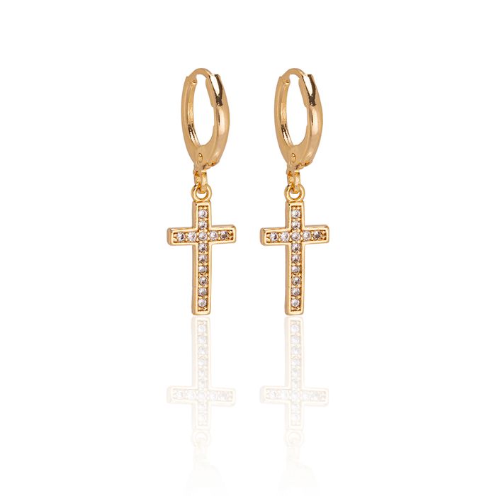 Brinco Cruz com Zircônia Incolor Semijoia Ouro - 1 PEÇA (Não é o par)