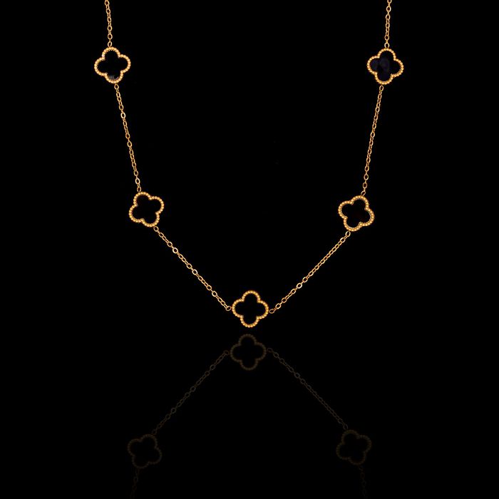 Colar Trevo Preto Aço Inox Dourado