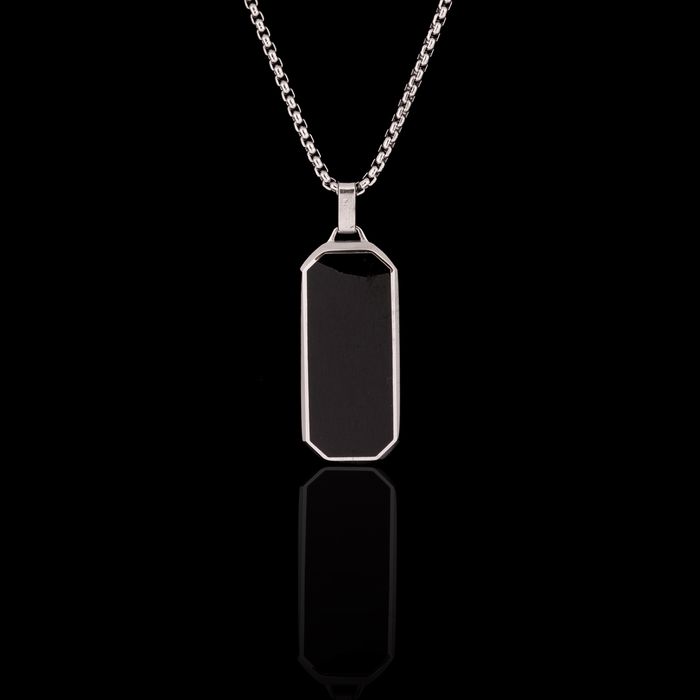 Colar Retângulo Resinado Preto Aço Inox Prateado