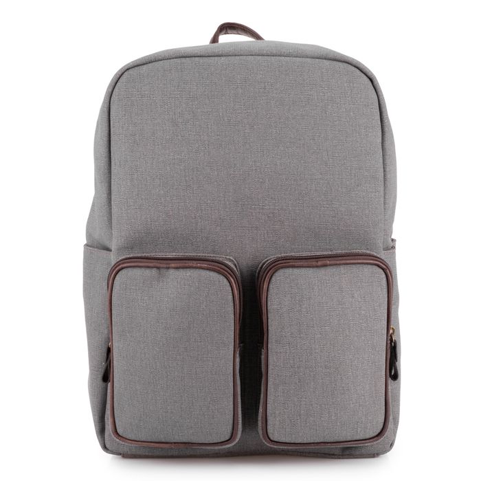 Mochila Lona Cinza com acabamento Couro Legítimo Café