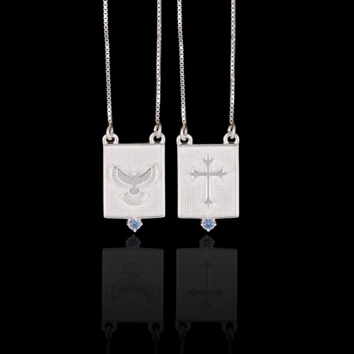 Escapulário Cruz e Espírito Santo com Água Marinha Prata 925