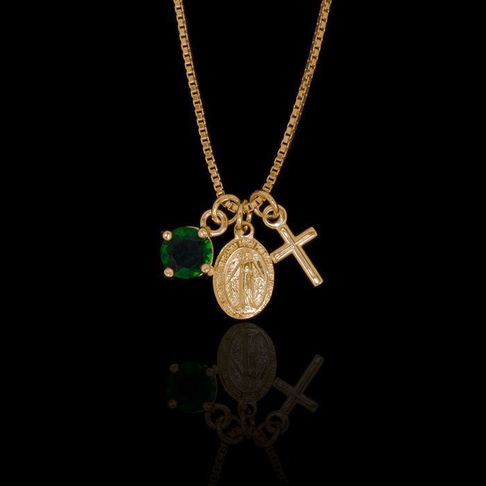 Colar Amuleto Tríplice Proteção Ponto de Luz/Virgem Maria/Cruz Prata 925 banhada a ouro 20 milésimos