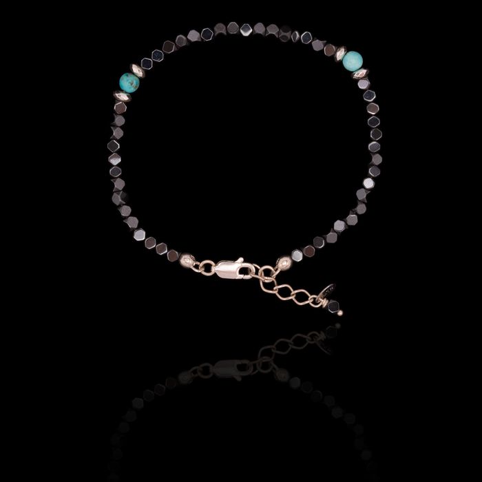 Pulseira Pedra Natural Hematita Sextavada com Turquesa Prata 925