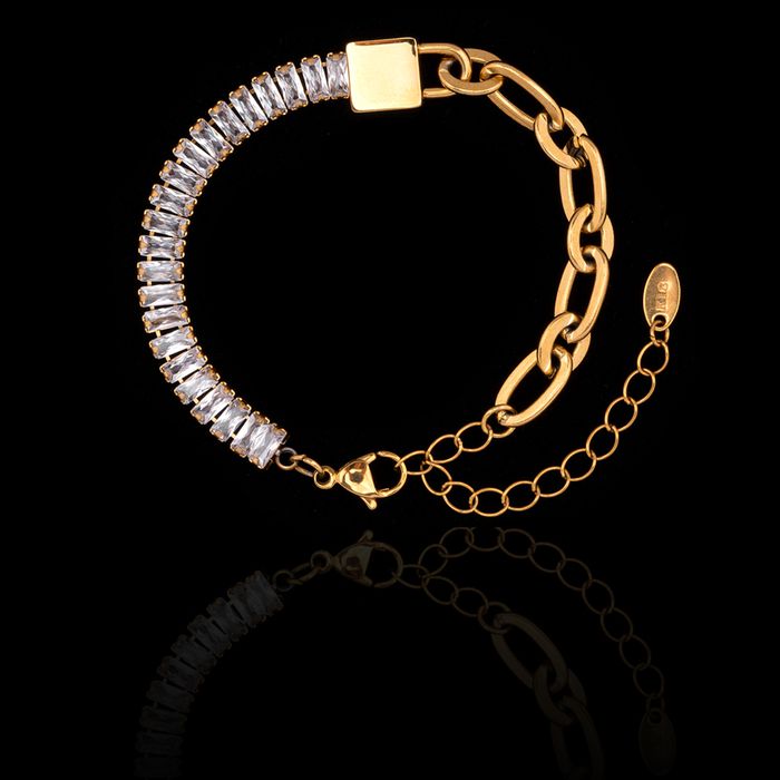 Pulseira Zircônia Incolor com Corrente Aço Inox Dourada