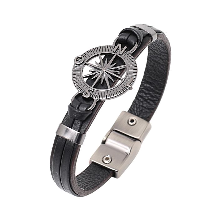 Pulseira Bússola Com Tira De Couro Preto