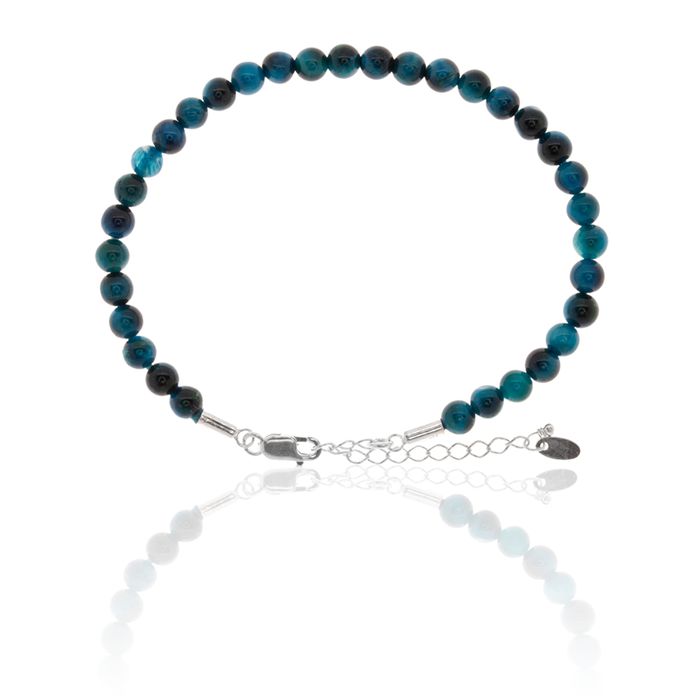 Pulseira Pedra Natural Olho De Tigre Azul Prata 925 