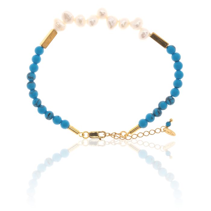 Pulseira Pedra Natural Jasper Azul 4mm/Pérola Água Doce Prata/Banhado Ouro 20ML