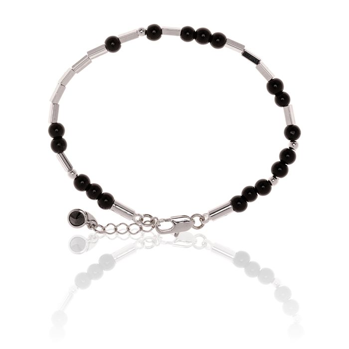 Pulseira Pedra Natural Ônix Negra Canutilho Semijoia RB