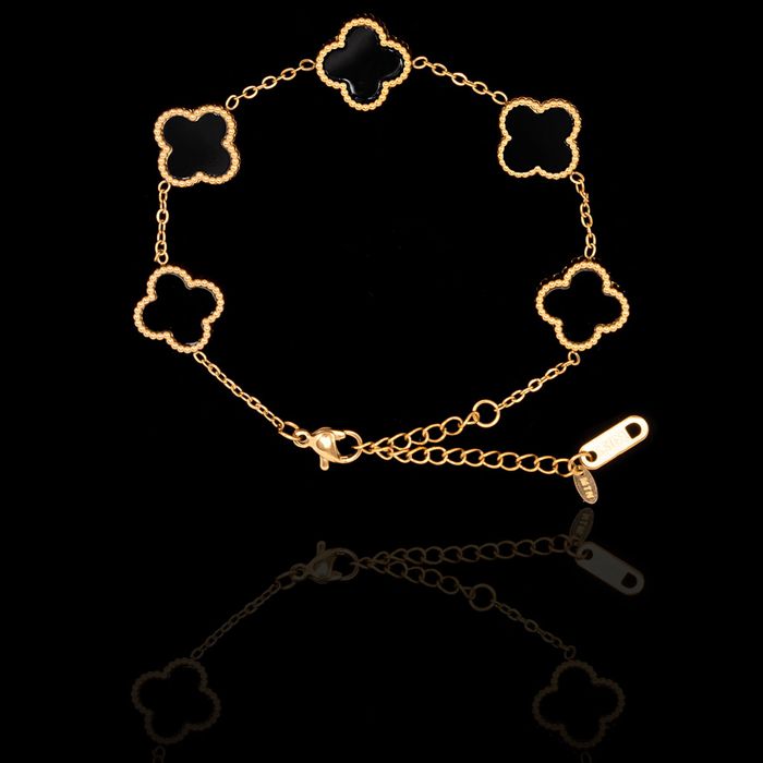 Pulseira Trevo Preto Aço Inox Dourado