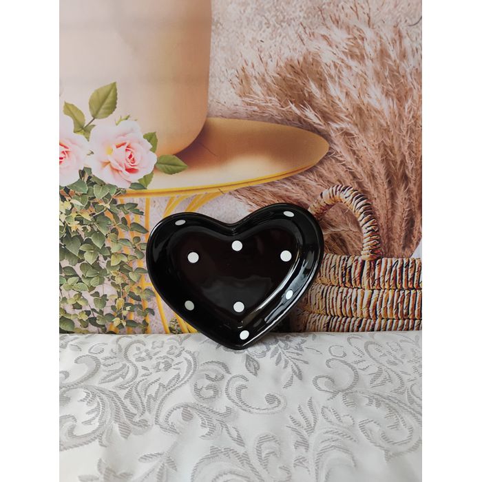 Prato Coração Preto Poá Bolas Brancas 12x3x13,5 cm