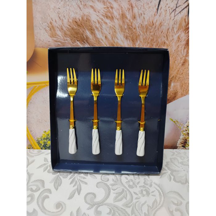 Garfo Aço Inox para Aperitivo Dourado com Cabo Cerâmica Branco (28892)