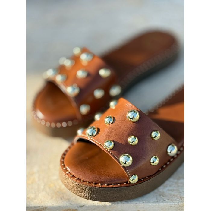 Flat Larissa caramelo com bolinhas Douradas - NAYKAZUMI