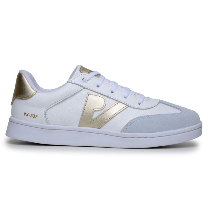 Sapatenis Feminino 100% Couro Legitimo Moderno Confortável Detalhado PX-337 - Branco/Dourado