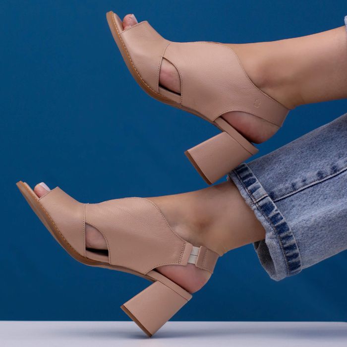 Sandália Salto Grosso Médio Peep Toe Nude - Veneza... - Bubblê