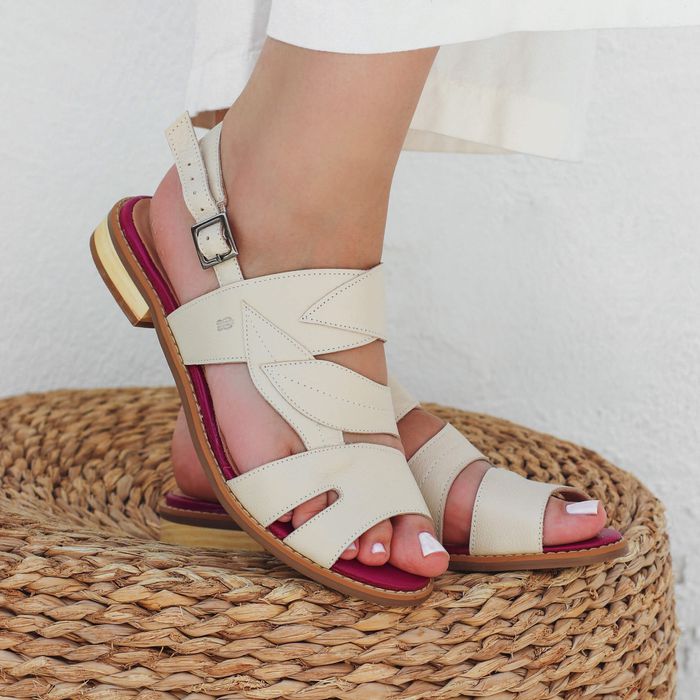 Sandália Rasteira - FOLHA - Off White e Pitaya - 8... - Bubblê
