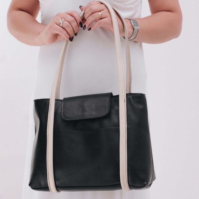 Bolsa de Couro - DESTINO - Preta e Off White - Bubblê