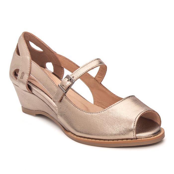 Sandália Anabela Couro Legítimo Champagne - LUAU - Bubblê